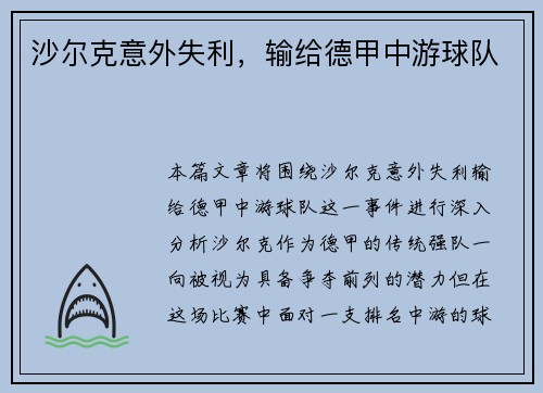 沙尔克意外失利，输给德甲中游球队