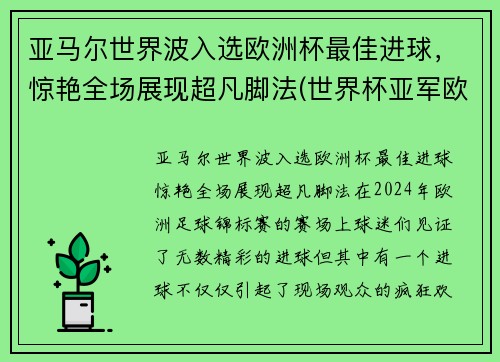 亚马尔世界波入选欧洲杯最佳进球，惊艳全场展现超凡脚法(世界杯亚军欧洲杯出局)