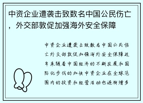 中资企业遭袭击致数名中国公民伤亡，外交部敦促加强海外安全保障