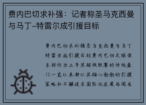 费内巴切求补强：记者称圣马克西曼与马丁-特雷尔成引援目标