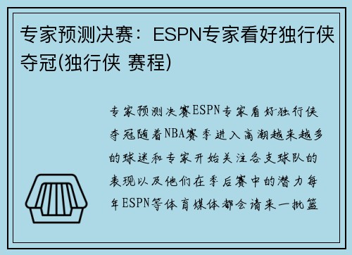 专家预测决赛：ESPN专家看好独行侠夺冠(独行侠 赛程)